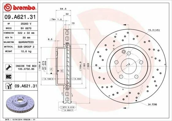 BREMBO 09.A621.31 | Fren Diski 204 / 212 / 207 Ön Amg | 2 Adet