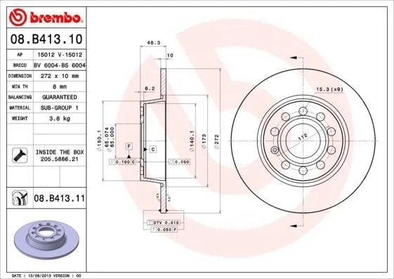 BREMBO 08.B413.11 | Fren Diski VW Golf V-VI Jetta Arka 272X10 | 2 Adet