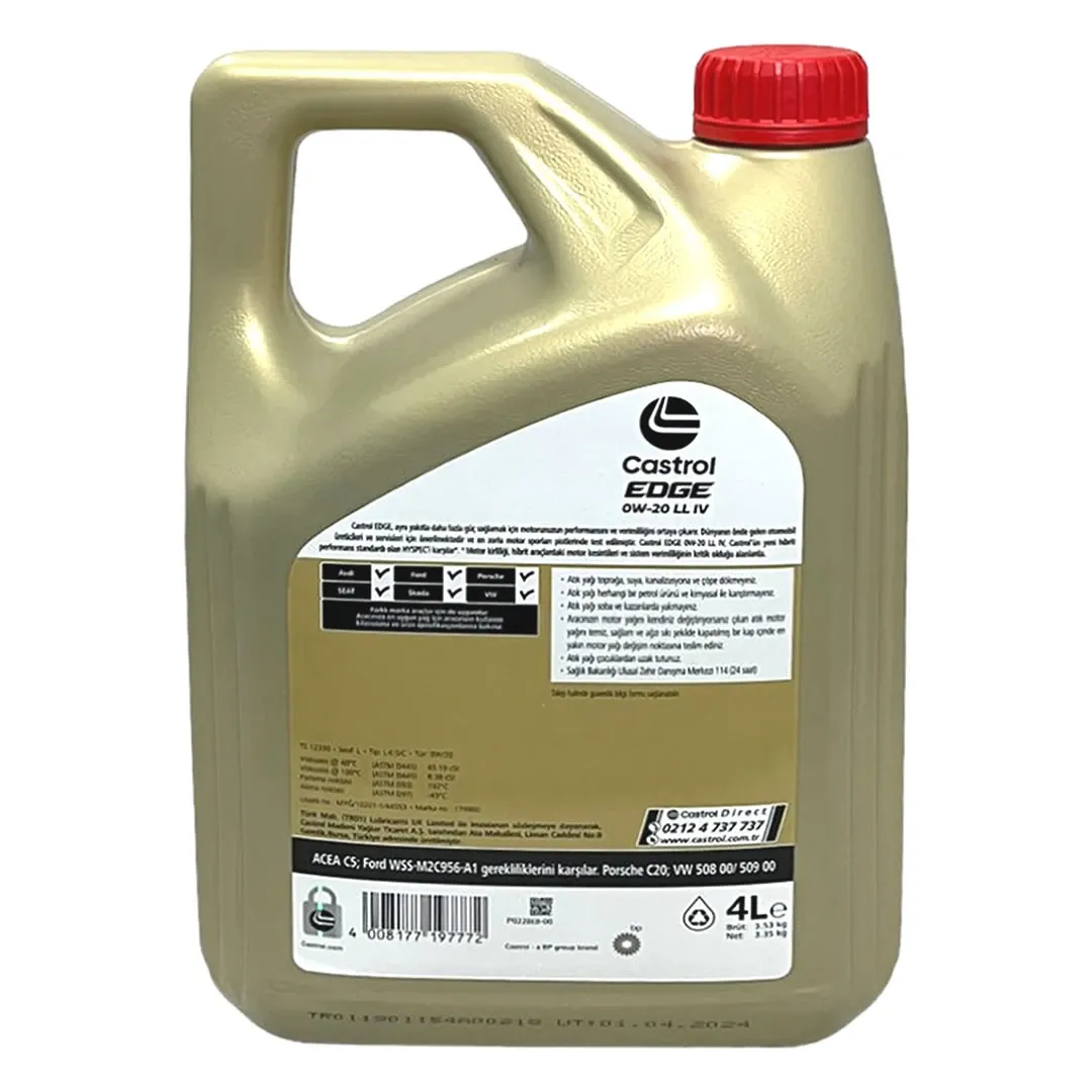 Castrol Edge 0W20 LL IV 4 Lt Tam Sentetik Partiküllü Motor Yağı