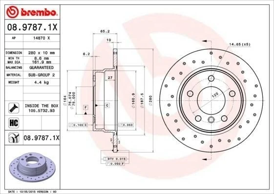 BREMBO 08.9787.1X | Fren Diski Arka Delikli BMW E81-E87 116I 118D 118I | 2 Adet
