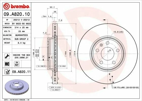 BREMBO 09.A820.10 | Fren Diski VW A4-A5 08-Ön 314X25 | 2 Adet