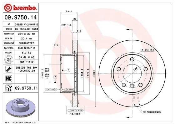 BREMBO 09.9750.11 | Fren Diski Ön Kaplamalı (BMW 1 Seri-E87 / 1.16-1.18) | 2 Adet