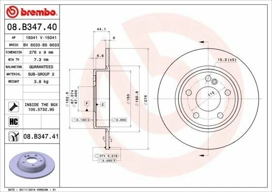 BREMBO 08.B347.41 | Fren Diski Arka Kaplamalı (Mercedes A Serisi (W176) / B Serisi W246) | 2 Adet