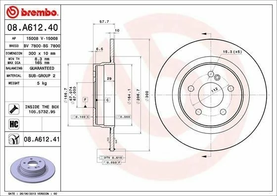 BREMBO 08.A612.41 | Fren Diski (Mercedes W204-W205 Arka) Kaplamalı | 2 Adet
