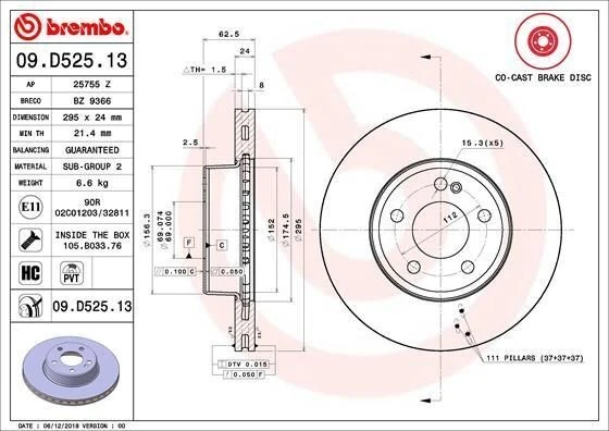 BREMBO 09.D525.13 | Fren Diski 205 Ön | 2 Adet