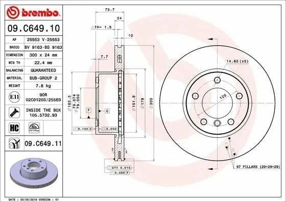 BREMBO 09.C649.11 | Fren Diski Ön Kaplamalı (BMW E-90 3.20D E 82 / 88 / 90 / 91 / 92 / 93) | 2 Adet