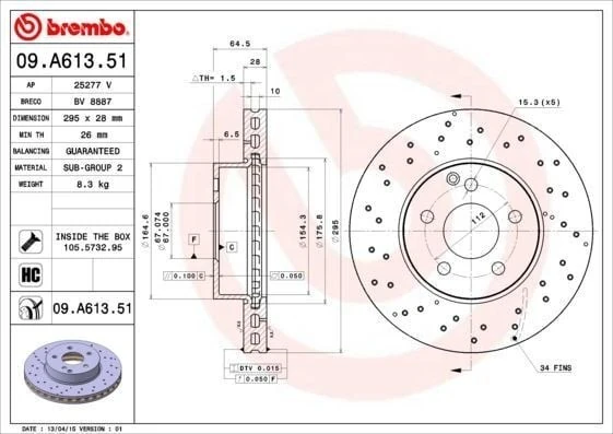 BREMBO 09.A613.51 | Fren Diski (Mercedes C Seri W204 On Sport) | 2 Adet
