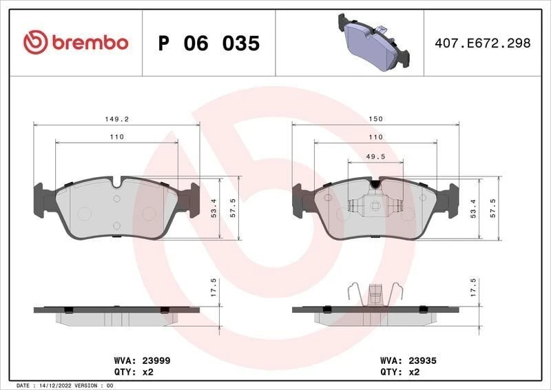 BREMBO P06035 | Fren Balatası Ön Kulaklı (BMW 1Serı 3Serı E87-E90 04)