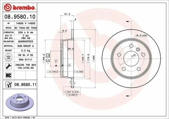 BREMBO 08.9580.11 | Fren Diski Arka 258 mm (Mercedes W169-W245) | 2 Adet