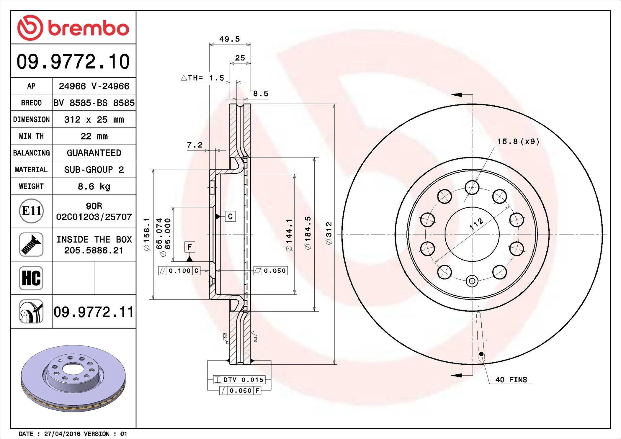 BREMBO 09.9772.10 Ön Fren Diski VW Audi Seat 312mm