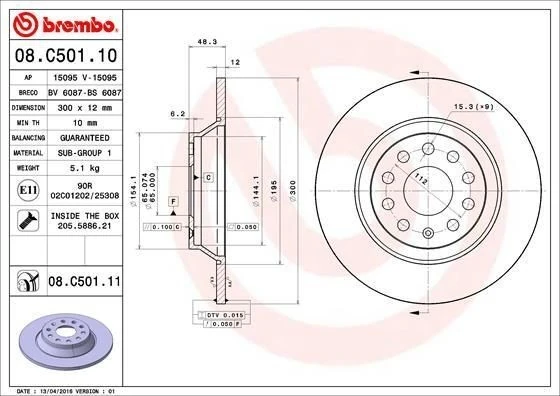 BREMBO 08.C501.11 | Fren Diski VW Passat Q3 2014-Arka Pr-1Ku 300X12 | 2 Adet