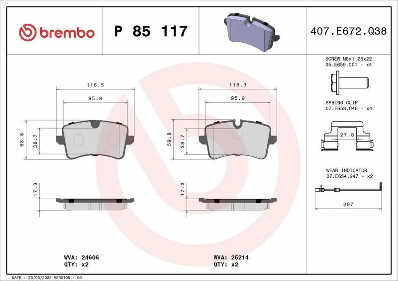 BREMBO P85117 | Fren Balatası Arka 16mm (Audi A6 15-18 A7 11-18)