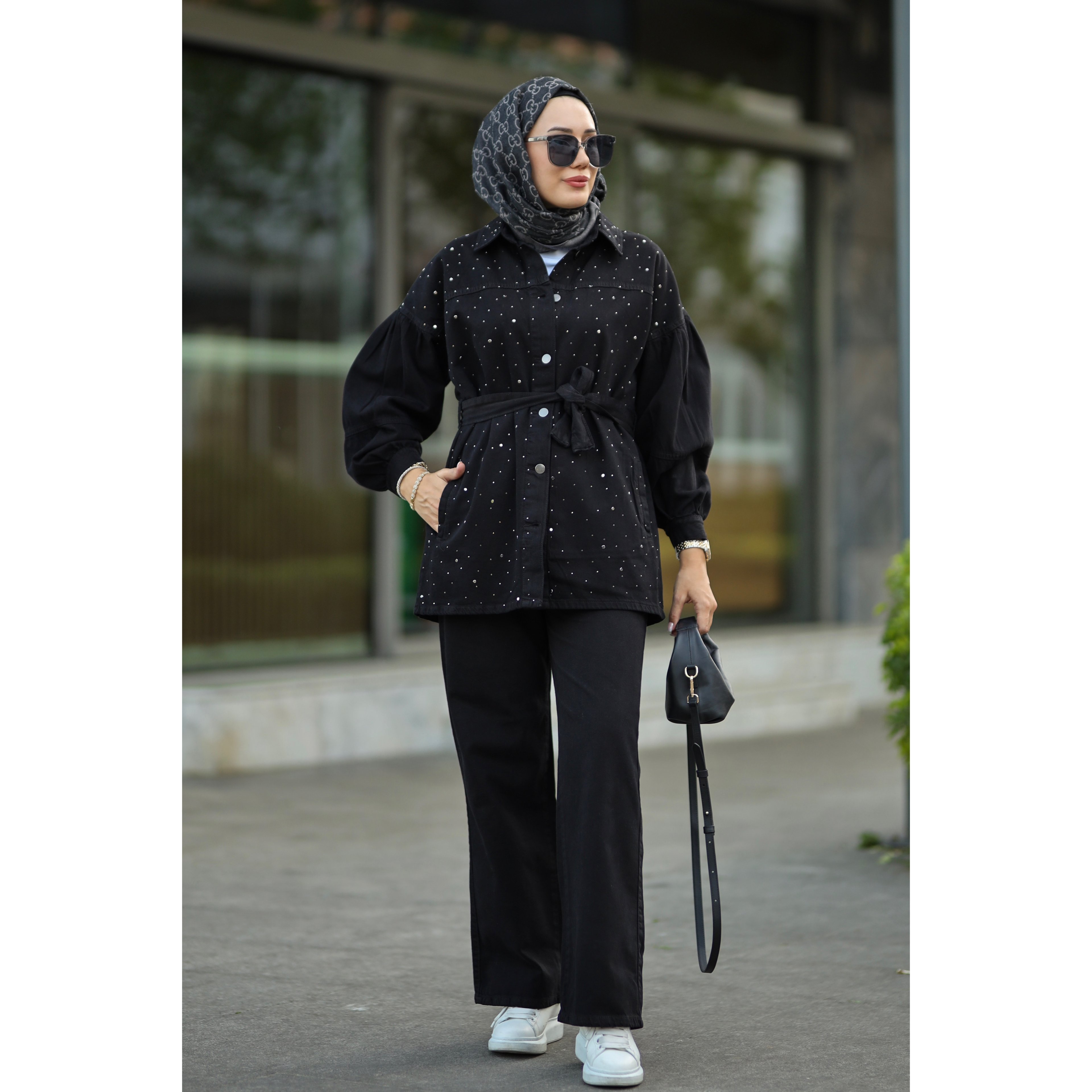 Kuşaklı Denim Takım - Siyah