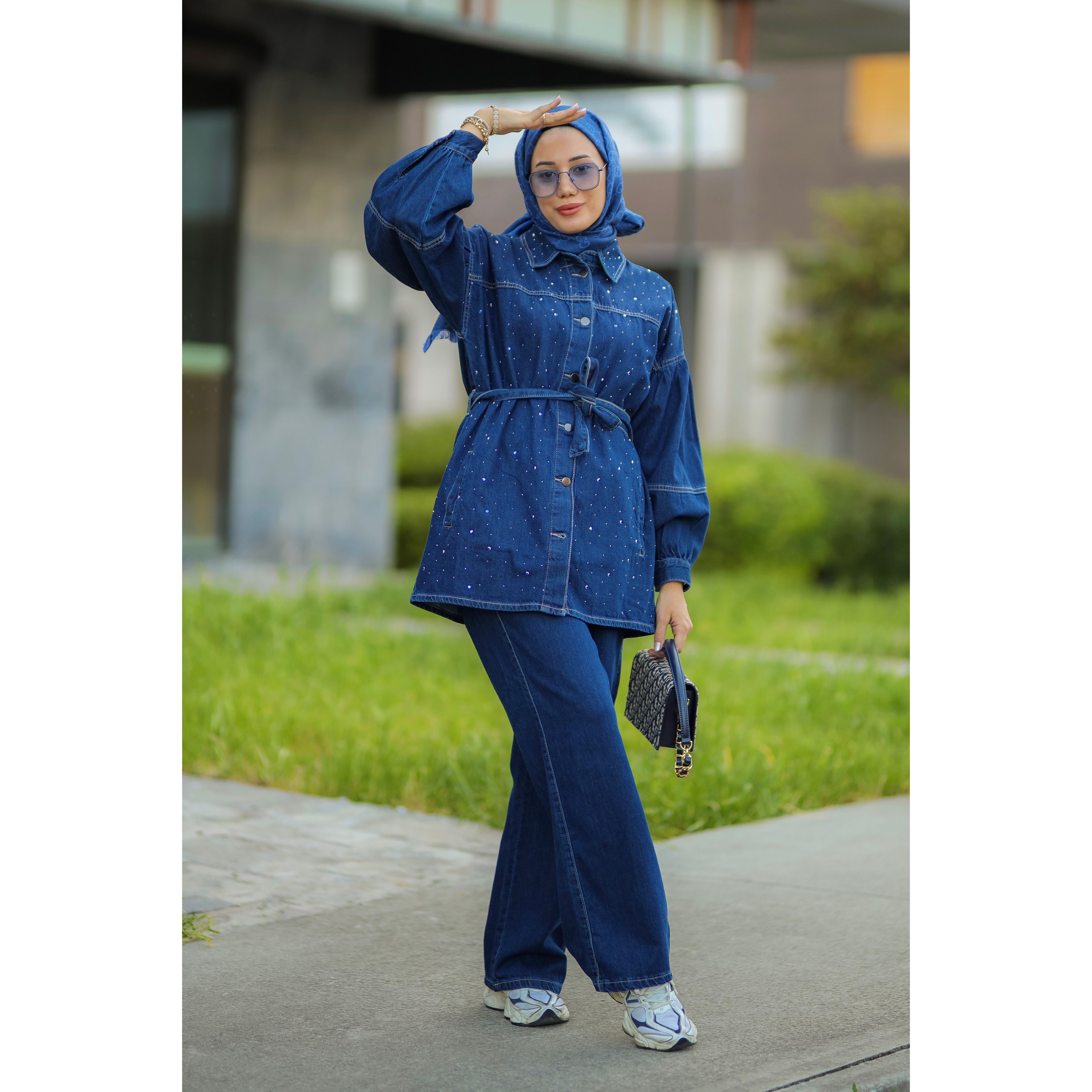 Kuşaklı Denim Takım - Saks