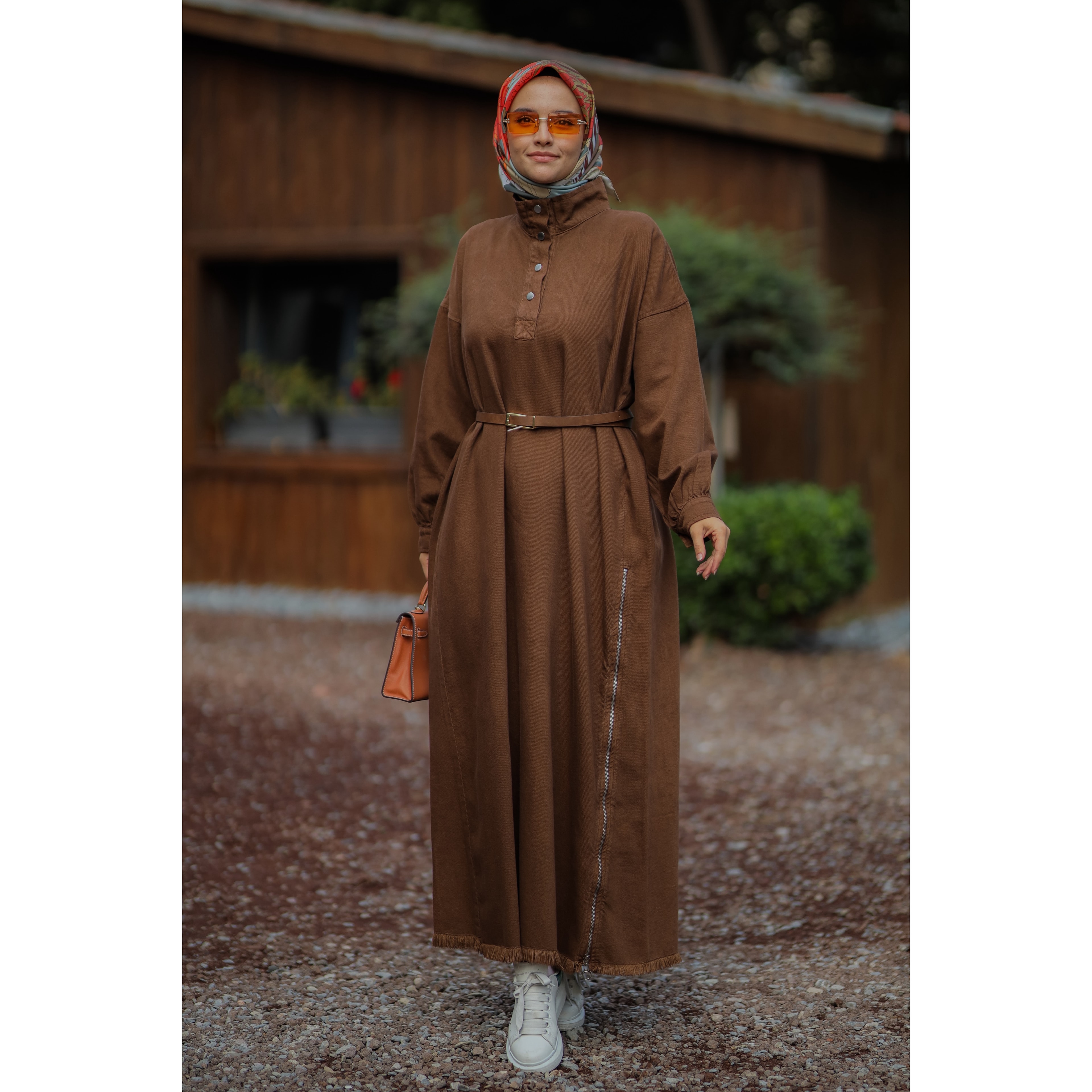 Denim Premium Elbise - Kahverengi