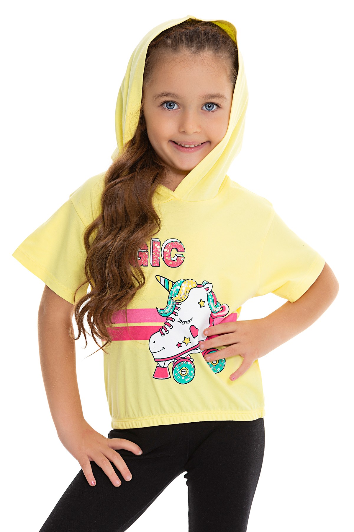 Unicorn Baskılı Kapüşonlu Kız Çocuk T-shirt - SARI