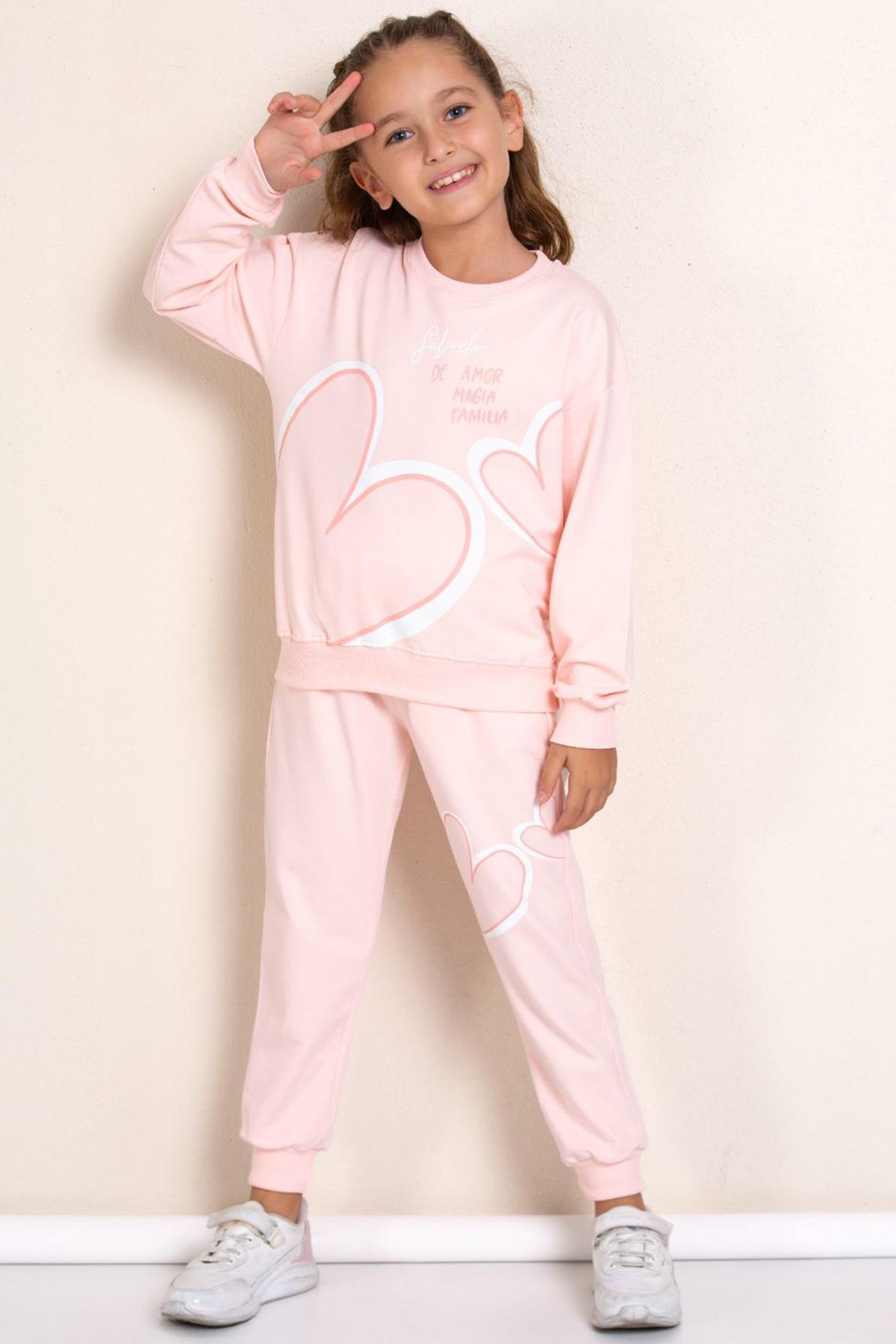 Kız Çocuk Baskılı Uzun Kollu Sweatshirt Eşofman Altı Takımı - TOZ PEMBE