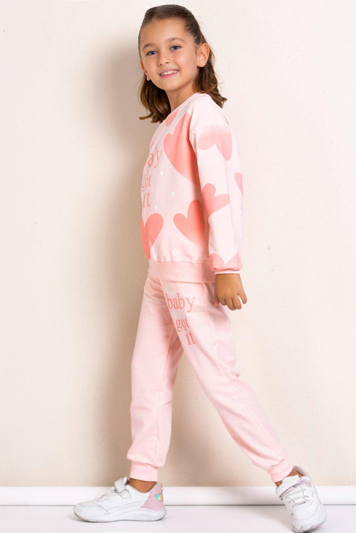Kız Çocuk Baskılı Uzun Kollu Sweatshirt Eşofman Altı Takımı - TOZ PEMBE