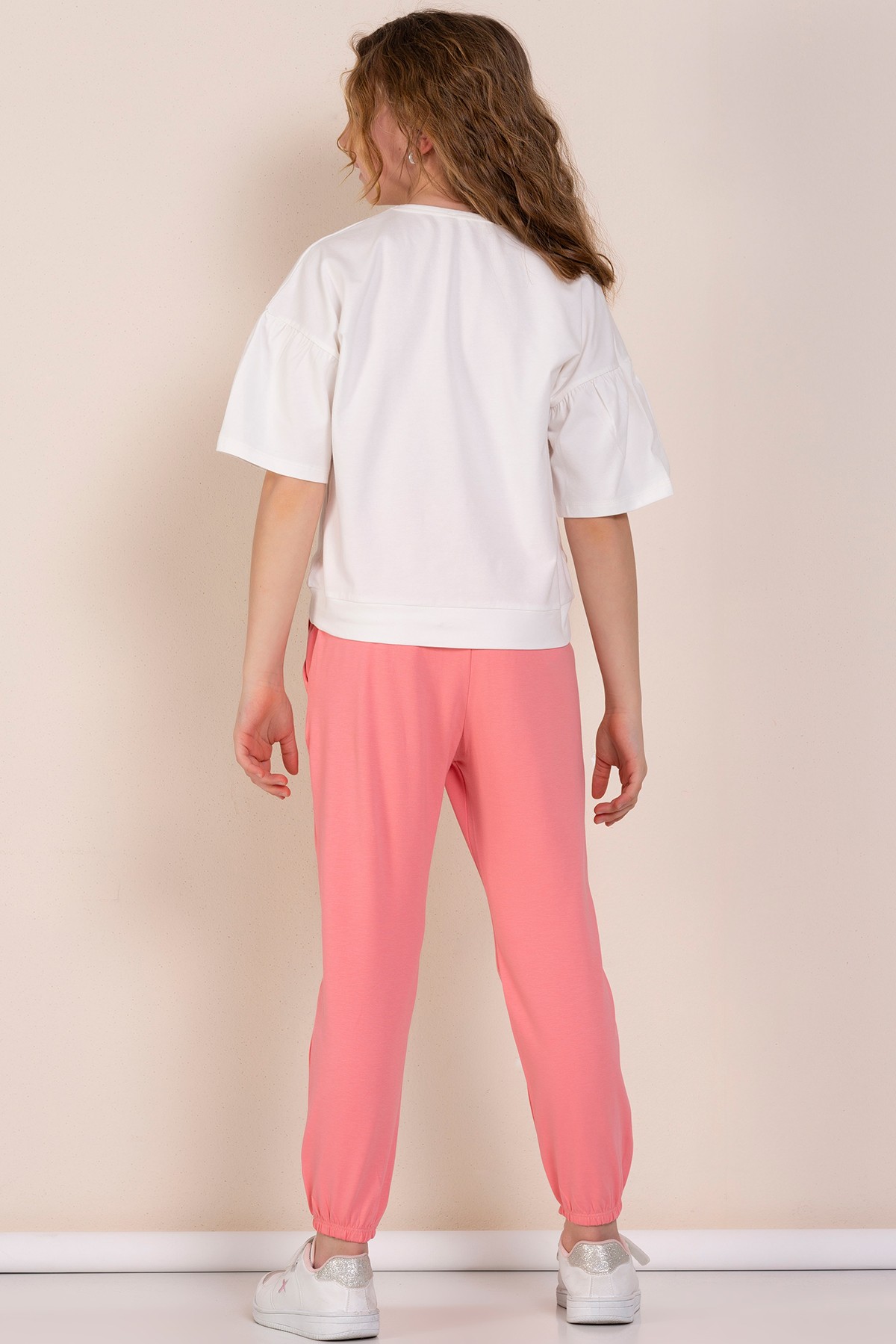Baskılı Cepli T-shirt Eşofman Kız Çocuk İkili Takım  - PEMBE