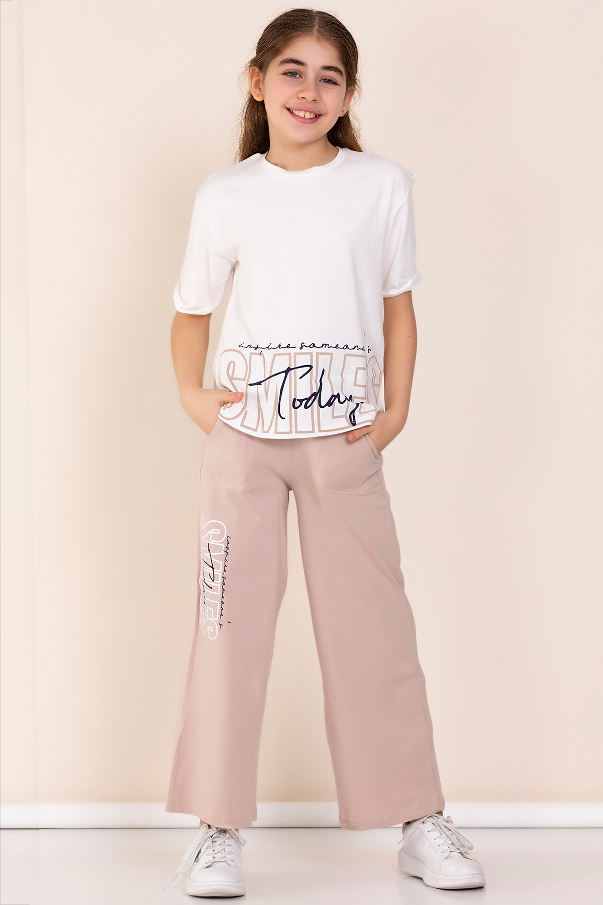 Baskı Detaylı Oversize Kız Çocuk T-shirt Eşofman Takım - VİZON