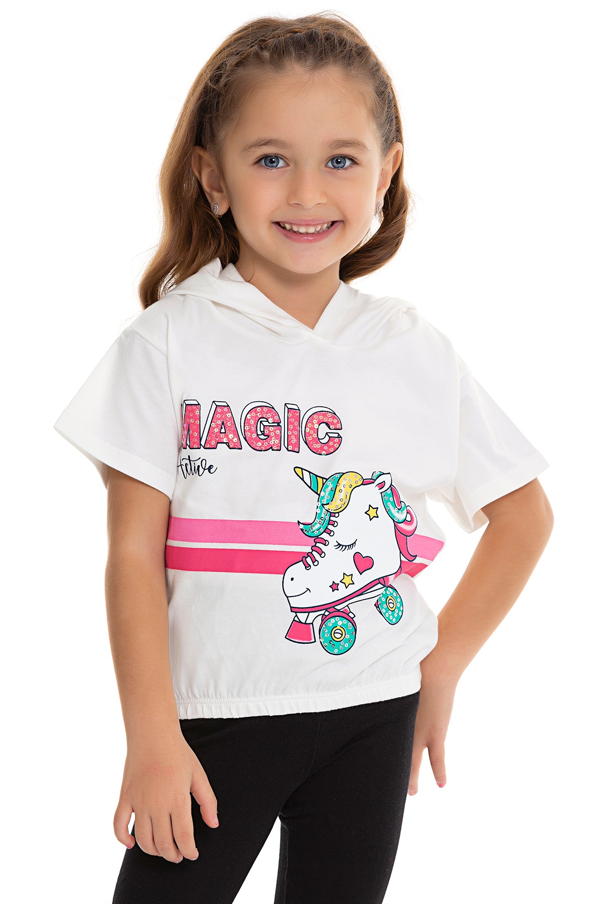 Unicorn Baskılı Kapüşonlu Kız Çocuk T-shirt - EKRU