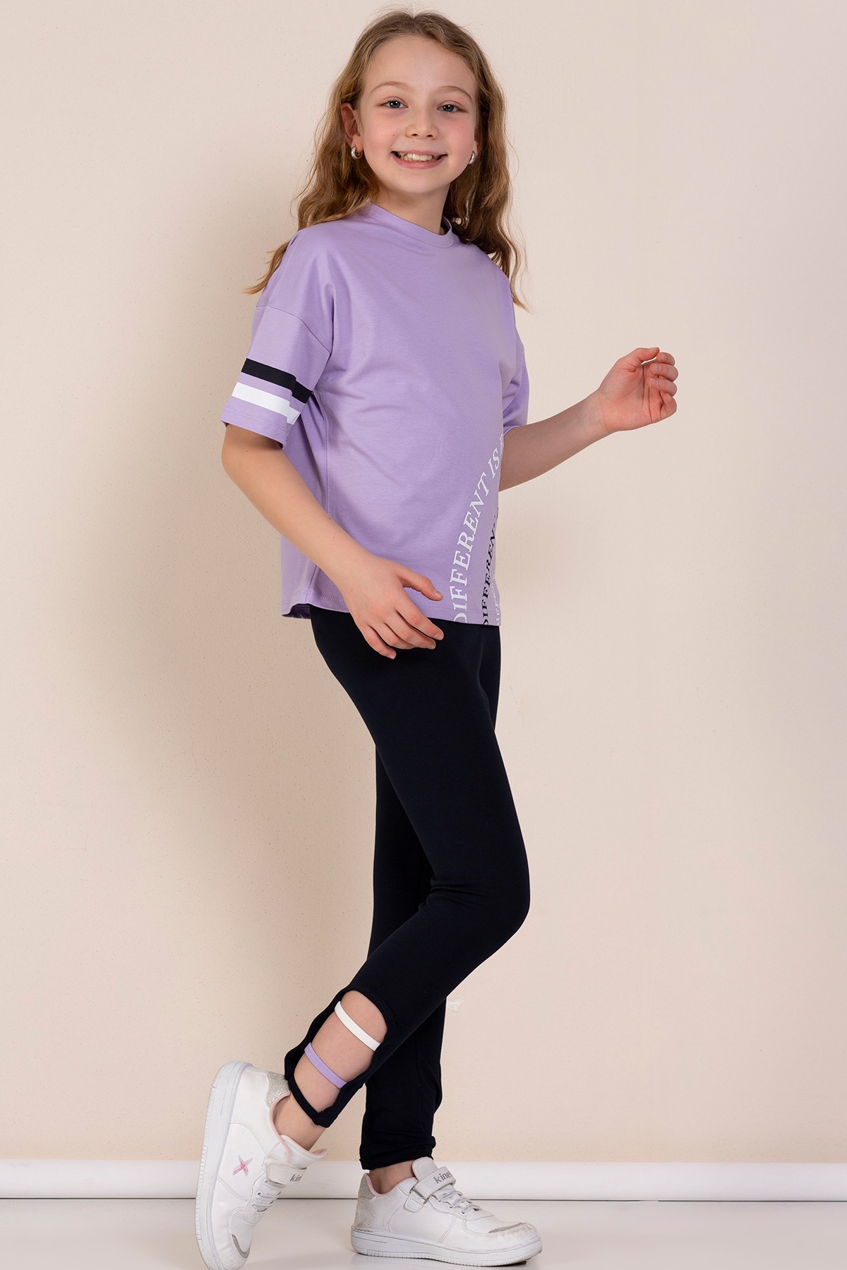Baskılı Oversize Kız Çocuk Tişört Tayt İkili Takım - LİLA