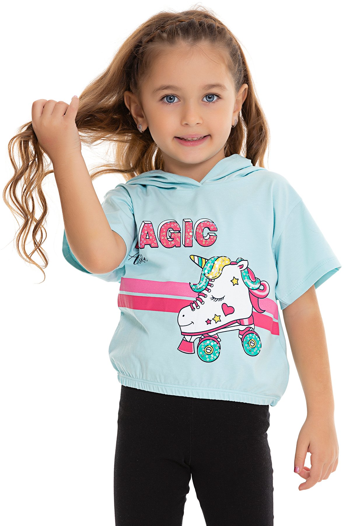 Unicorn Baskılı Kapüşonlu Kız Çocuk T-shirt - MAVİ