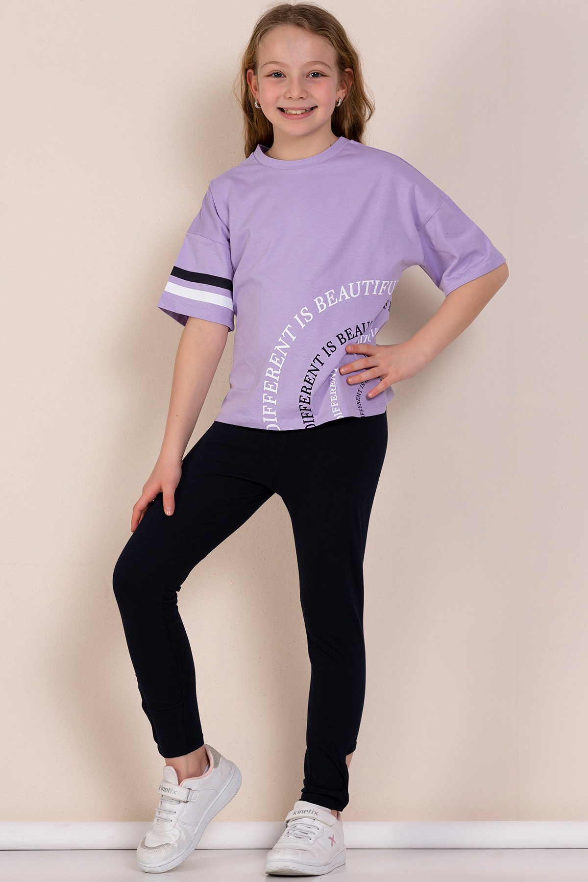 Baskılı Oversize Kız Çocuk Tişört Tayt İkili Takım - LİLA