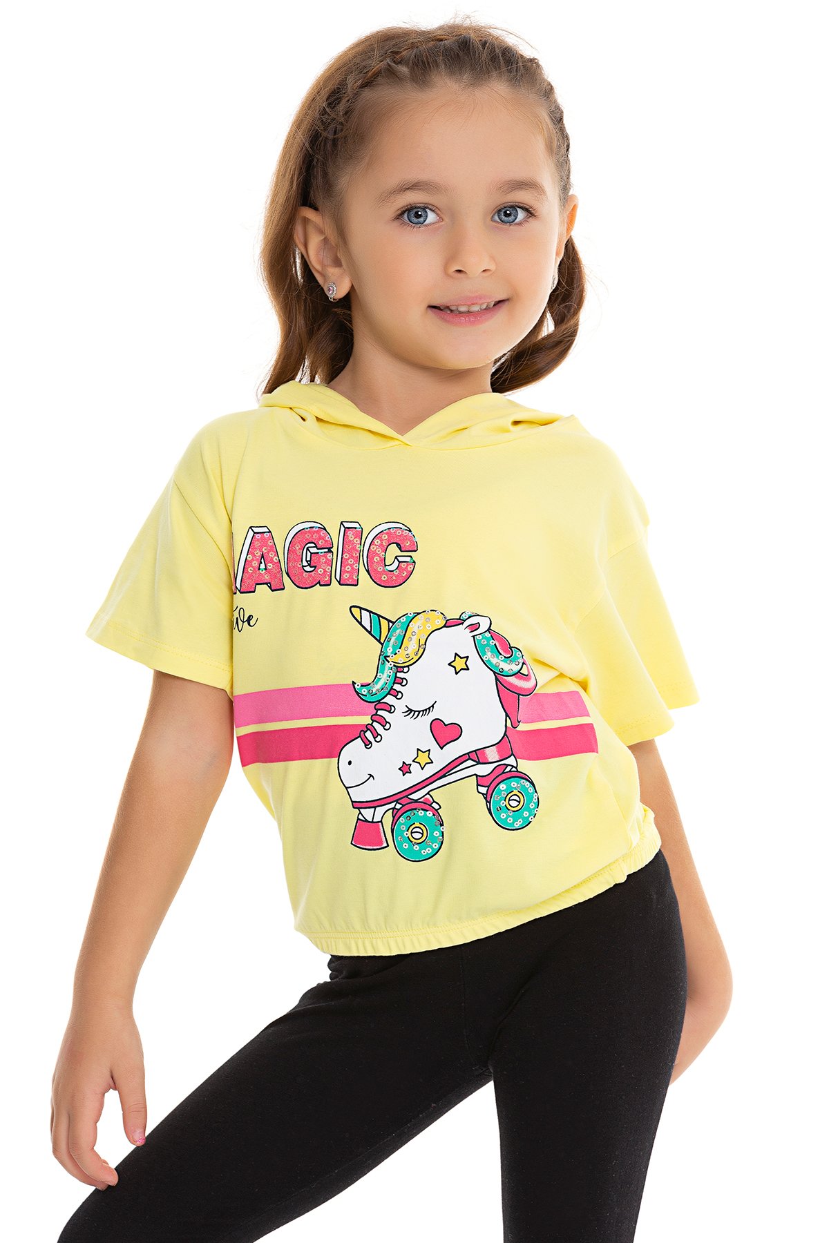 Unicorn Baskılı Kapüşonlu Kız Çocuk T-shirt - SARI