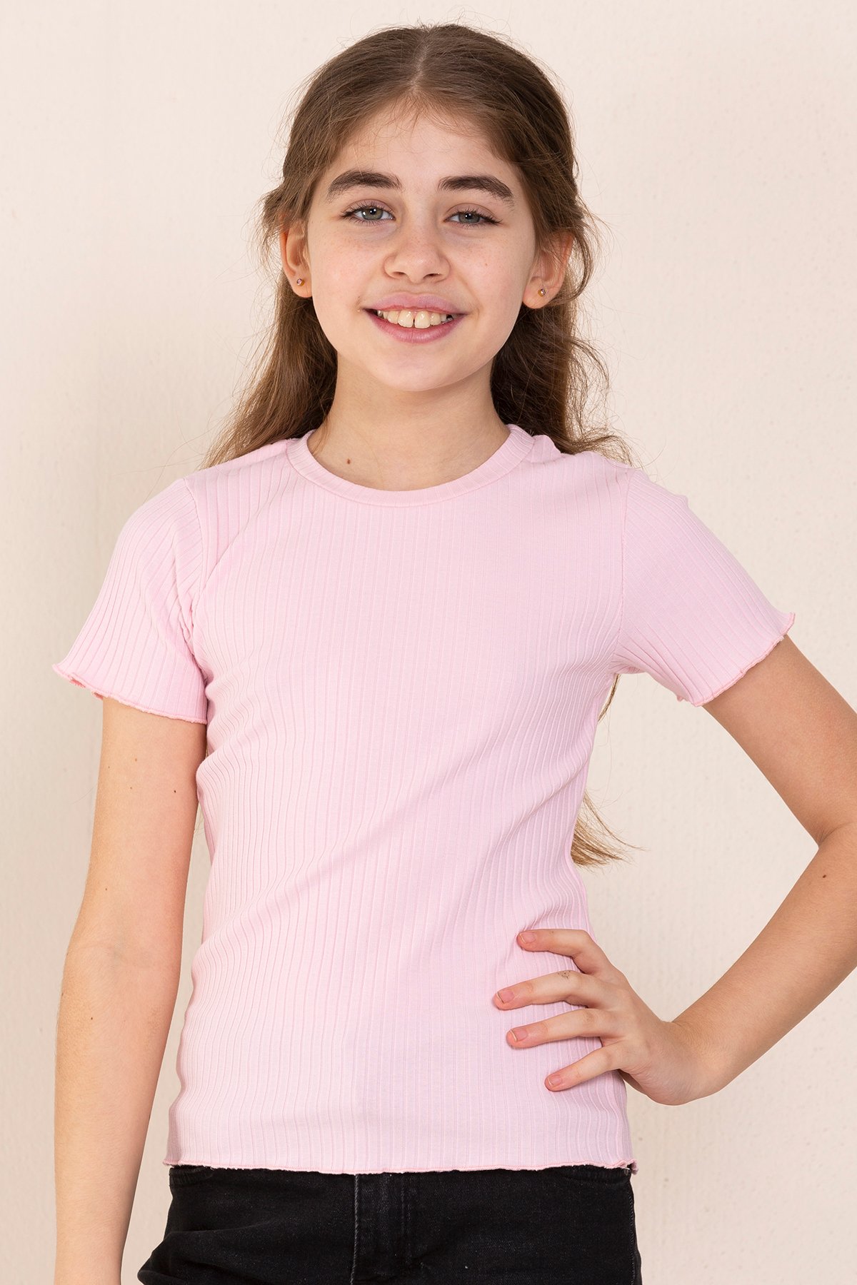 Bisiklet Yaka T-shirt Kız Çocuk - PEMBE