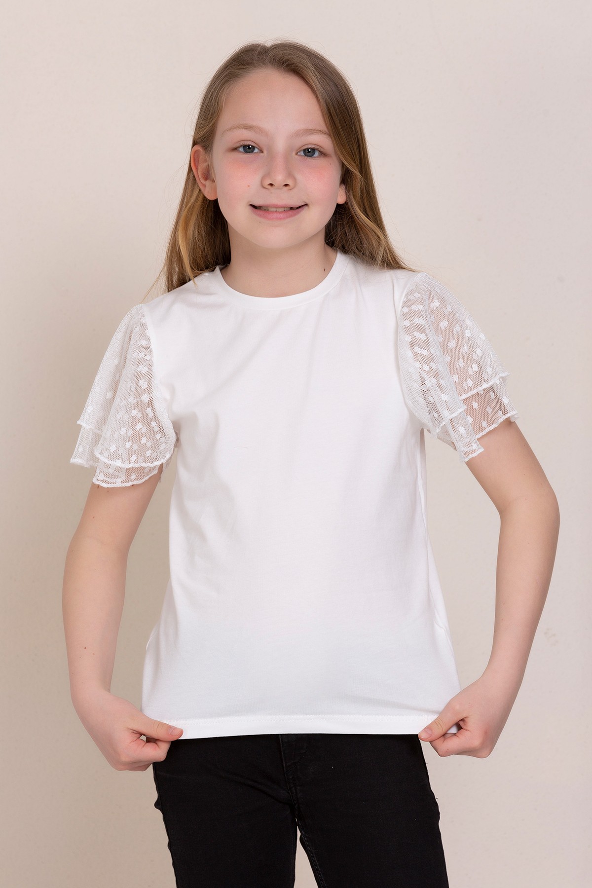 Kolları Tül Detaylı Kız Çocuk Bluz - 8-12 Yaş - EKRU