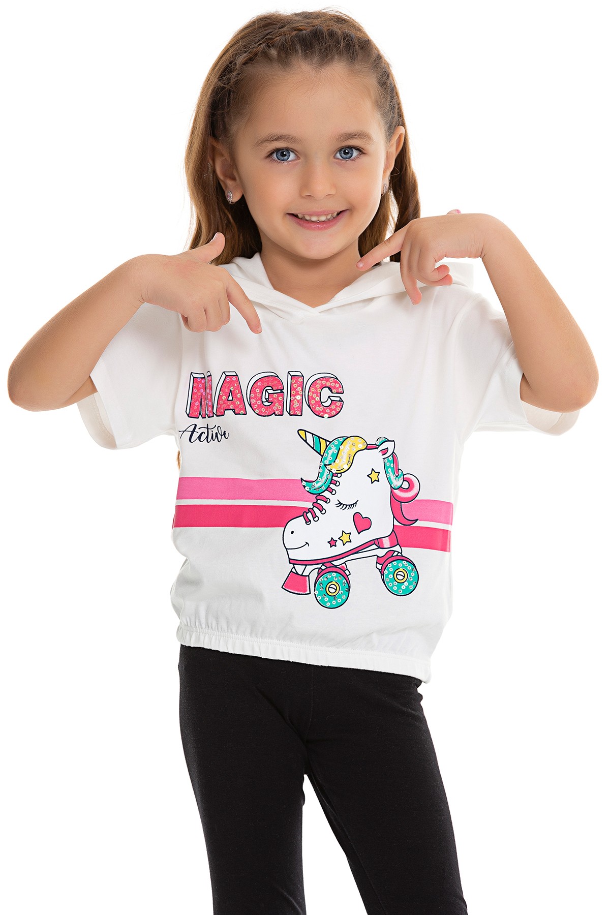 Unicorn Baskılı Kapüşonlu Kız Çocuk T-shirt - EKRU