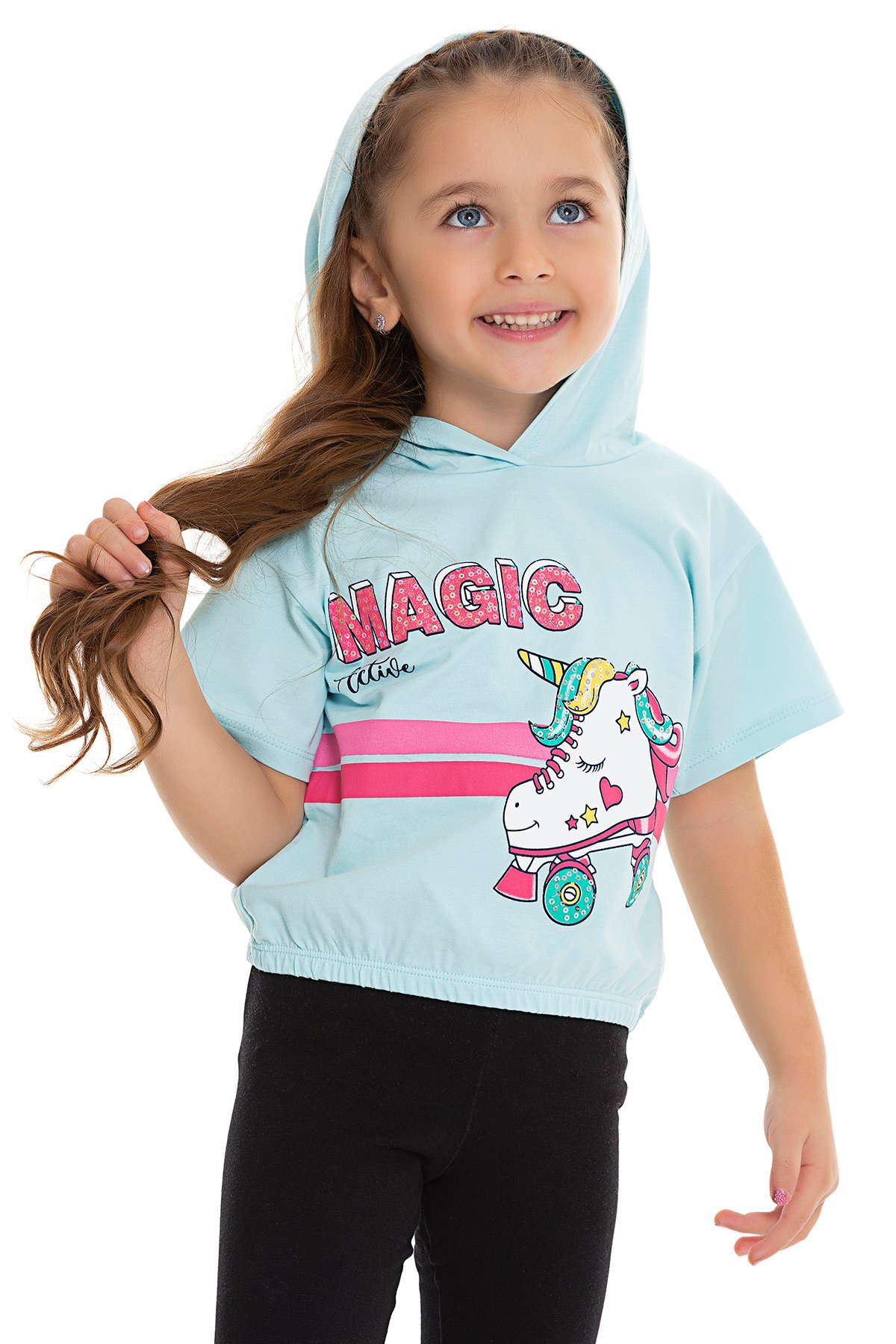 Unicorn Baskılı Kapüşonlu Kız Çocuk T-shirt - MAVİ