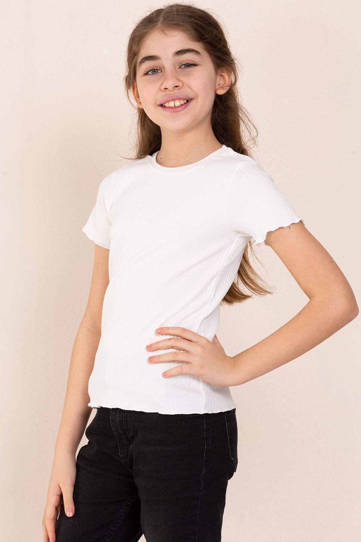 Bisiklet Yaka T-shirt Kız Çocuk - EKRU