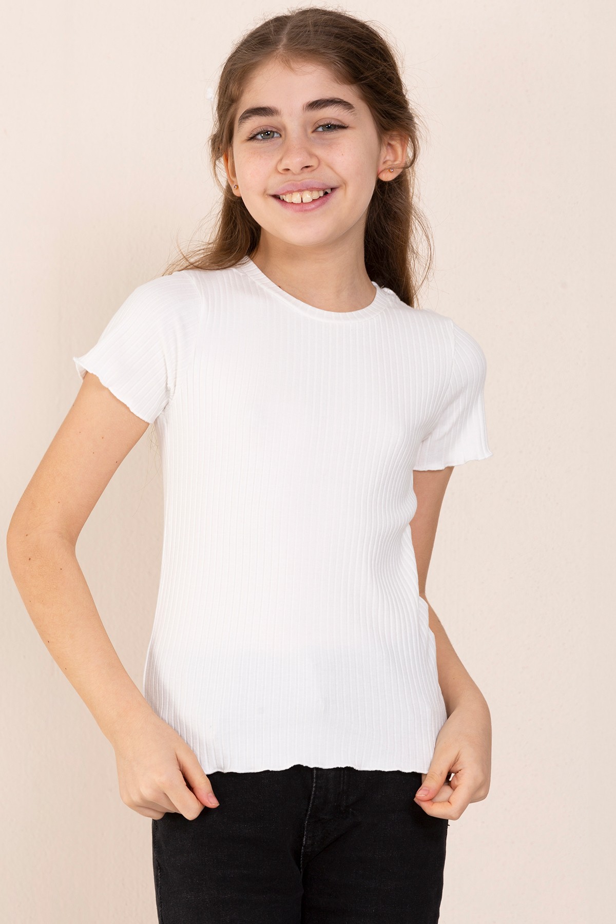 Bisiklet Yaka T-shirt Kız Çocuk - EKRU