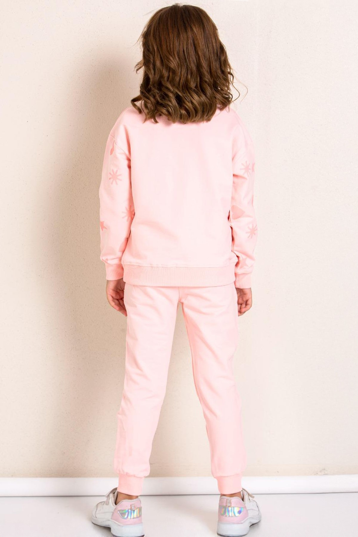 Kız Çocuk Kalp Desenli Baskılı Sweatshirt ve Eşofman Takımı - TOZ PEMBE