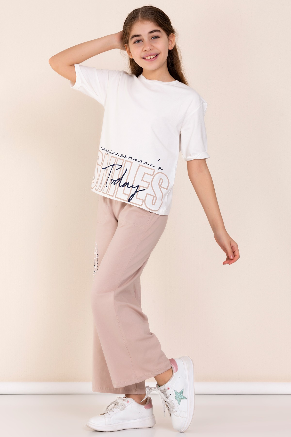 Baskı Detaylı Oversize Kız Çocuk T-shirt Eşofman Takım - VİZON