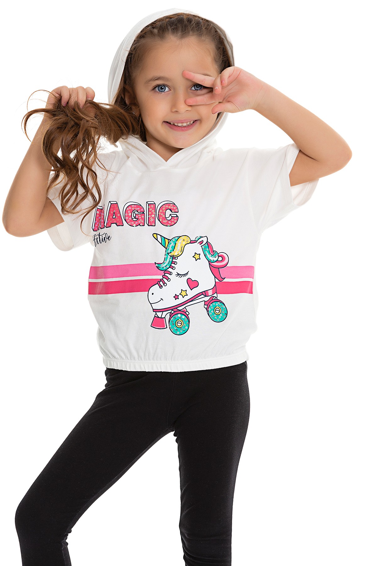 Unicorn Baskılı Kapüşonlu Kız Çocuk T-shirt - EKRU