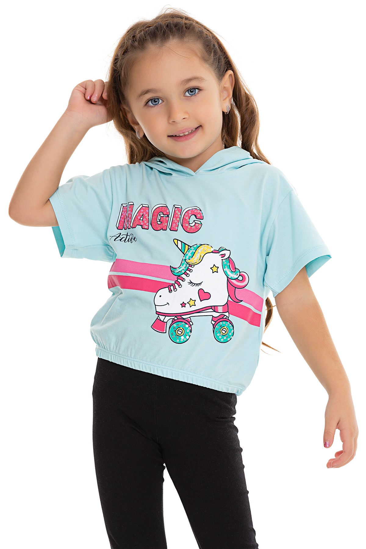 Unicorn Baskılı Kapüşonlu Kız Çocuk T-shirt - MAVİ