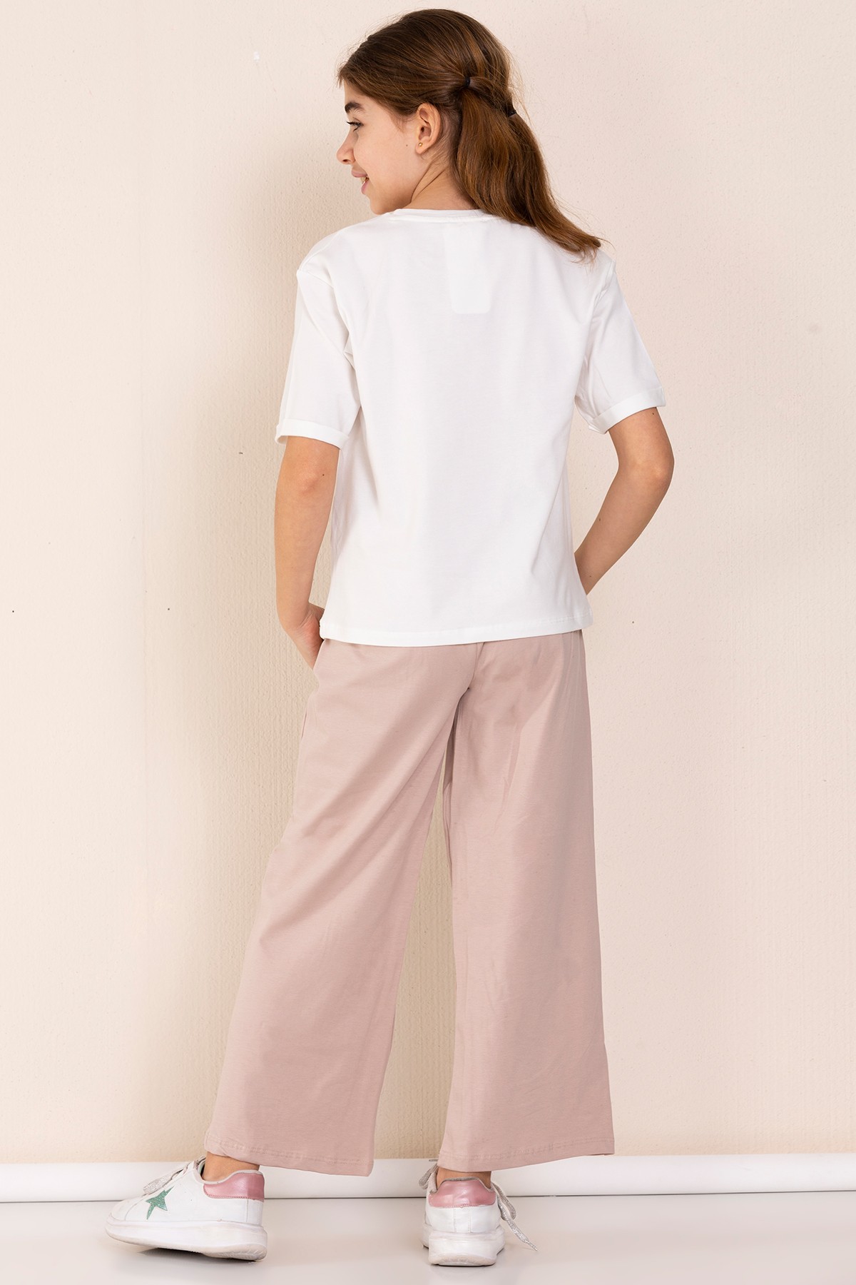 Baskı Detaylı Oversize Kız Çocuk T-shirt Eşofman Takım - VİZON
