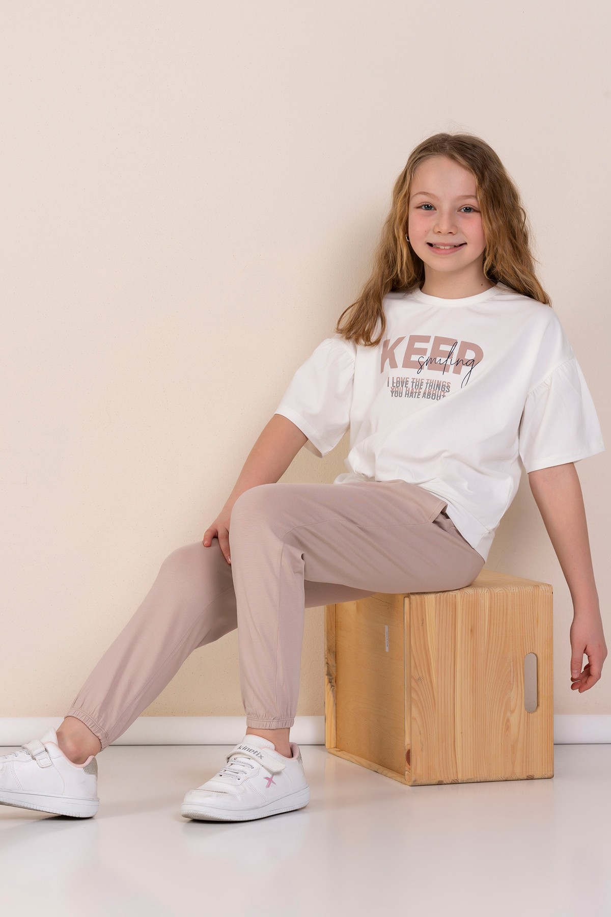 Baskılı Cepli T-shirt Eşofman Kız Çocuk İkili Takım  - VİZON