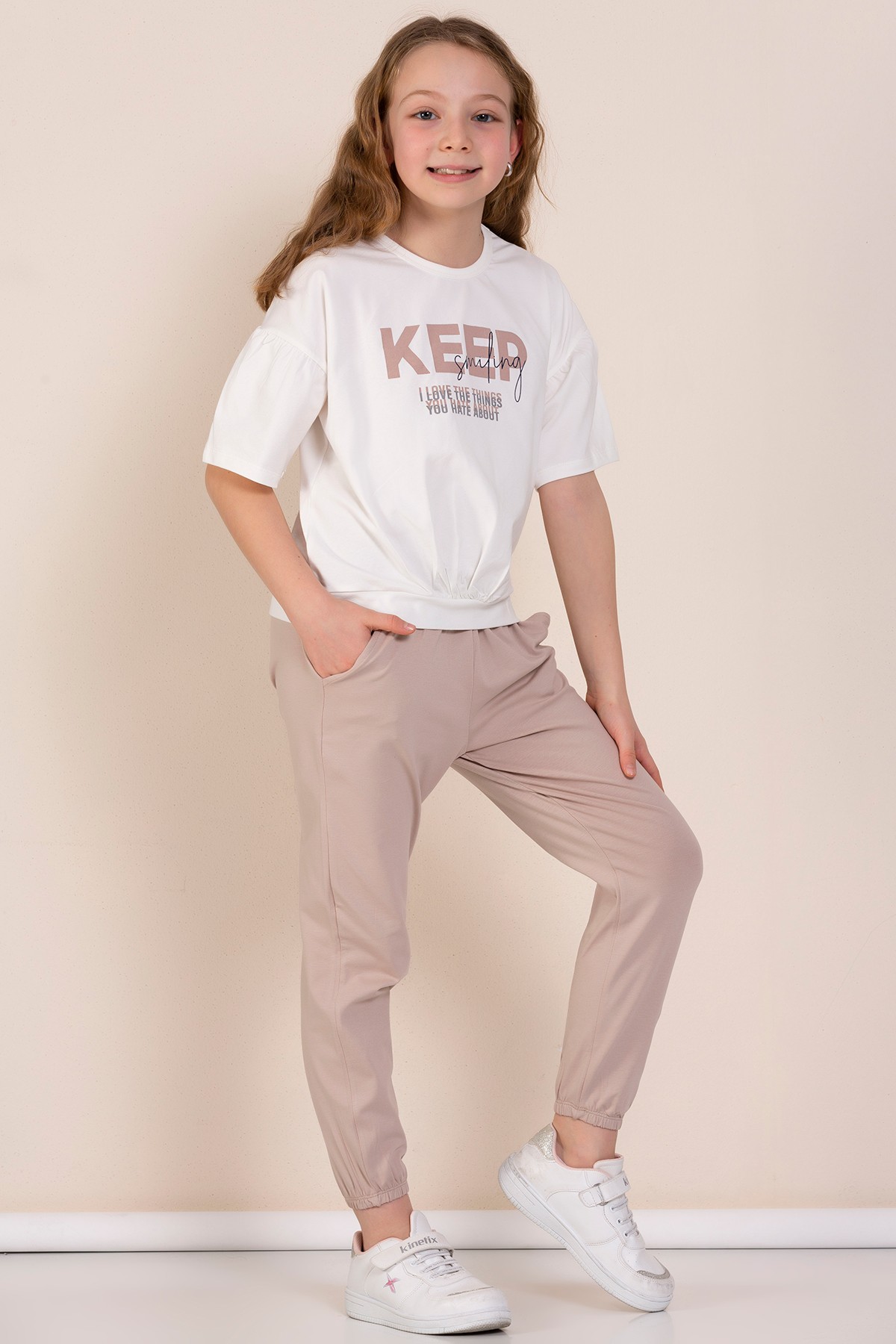 Baskılı Cepli T-shirt Eşofman Kız Çocuk İkili Takım  - VİZON