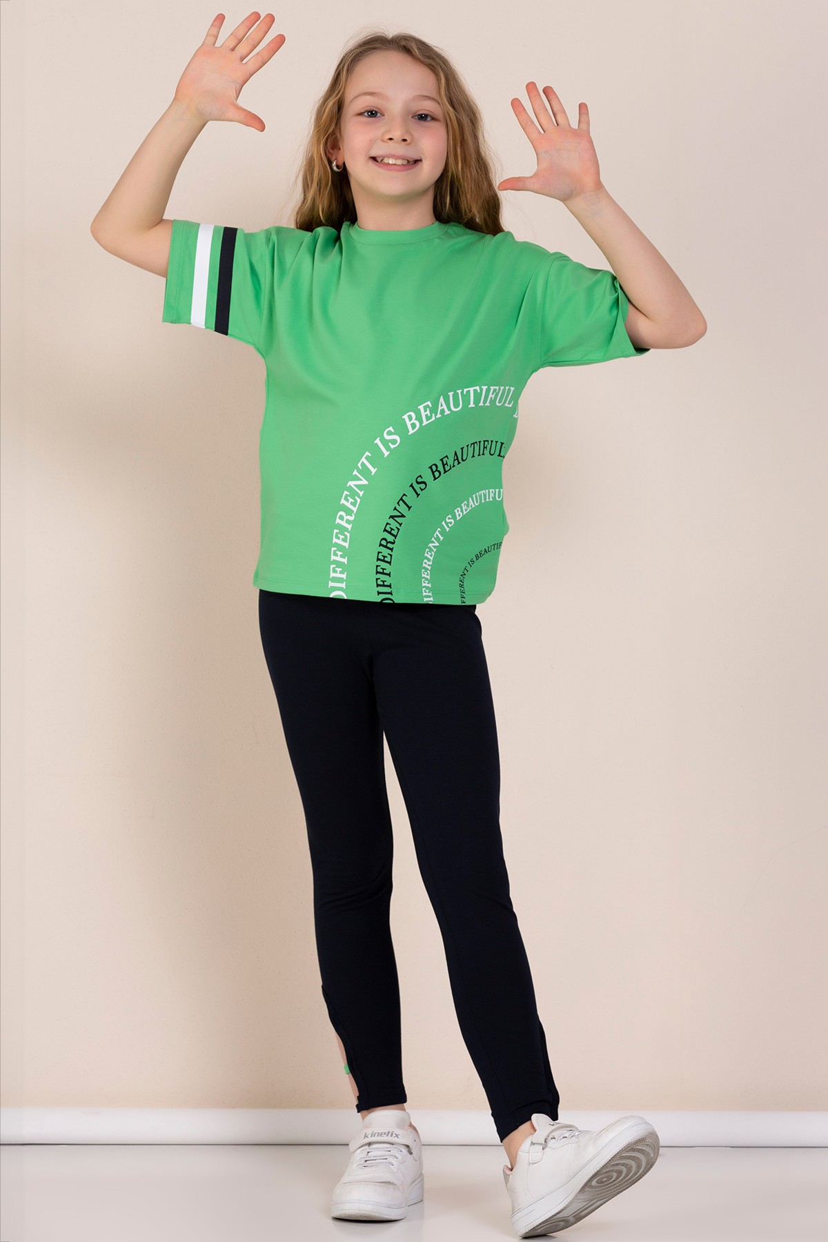 Baskılı Oversize Kız Çocuk Tişört Tayt İkili Takım - YEŞİL