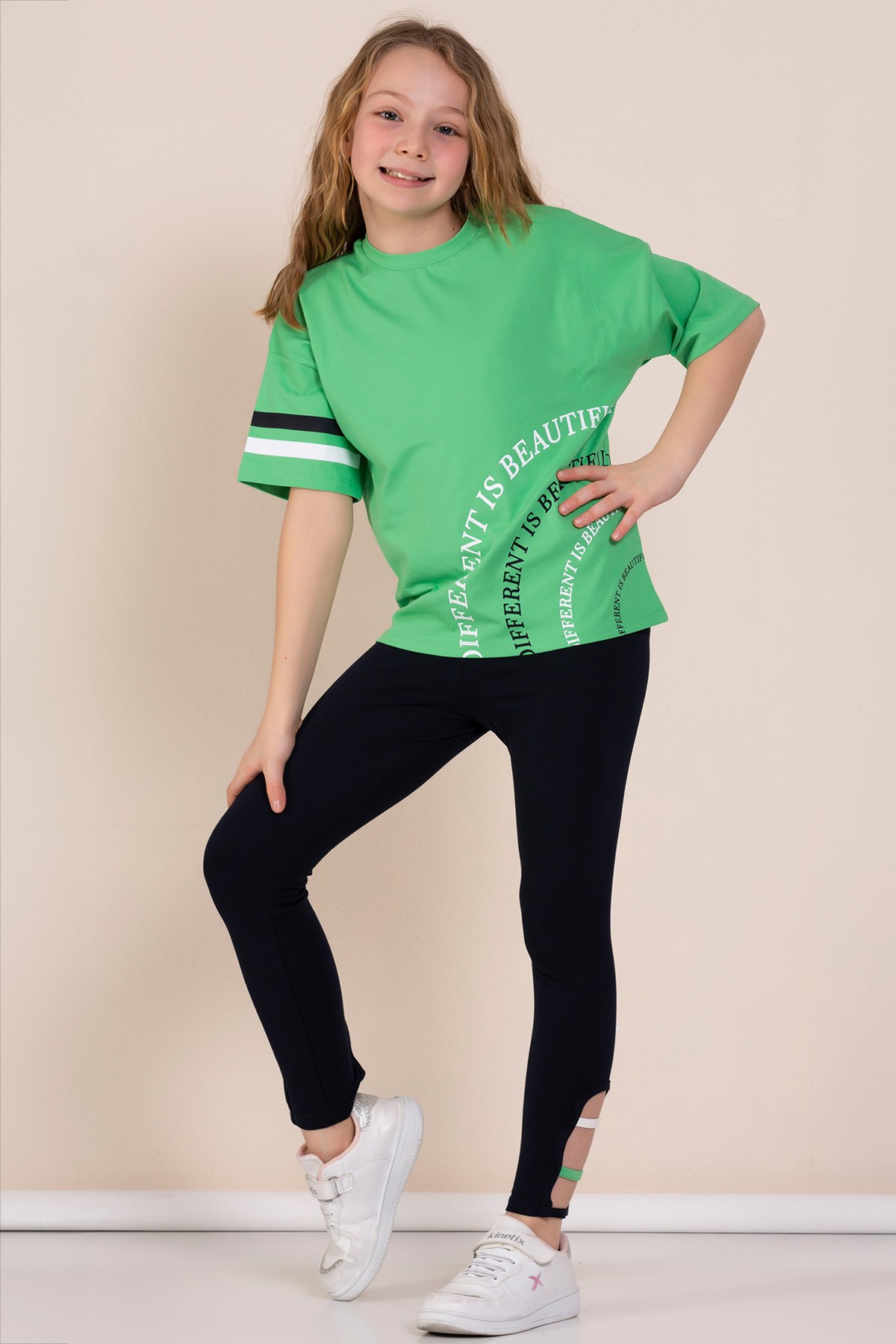 Baskılı Oversize Kız Çocuk Tişört Tayt İkili Takım - YEŞİL