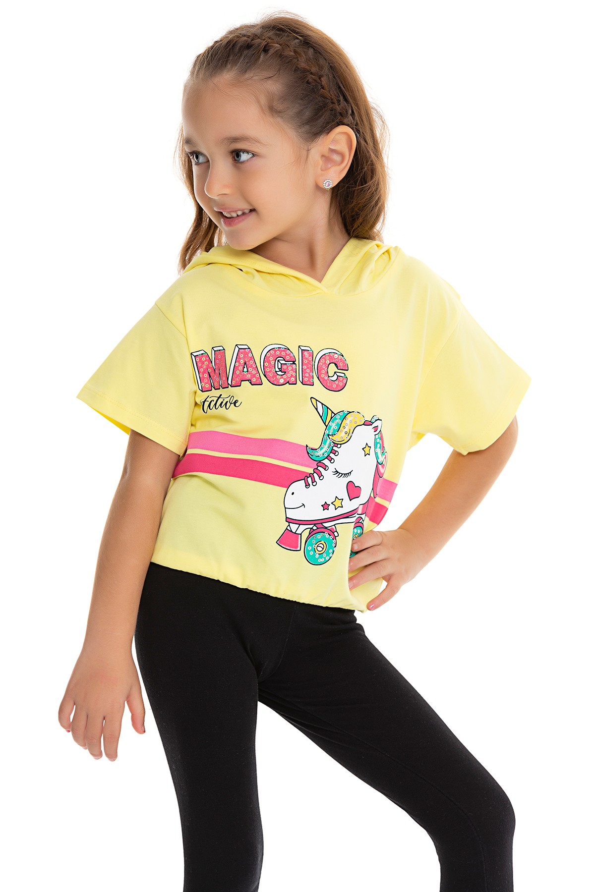 Unicorn Baskılı Kapüşonlu Kız Çocuk T-shirt - SARI