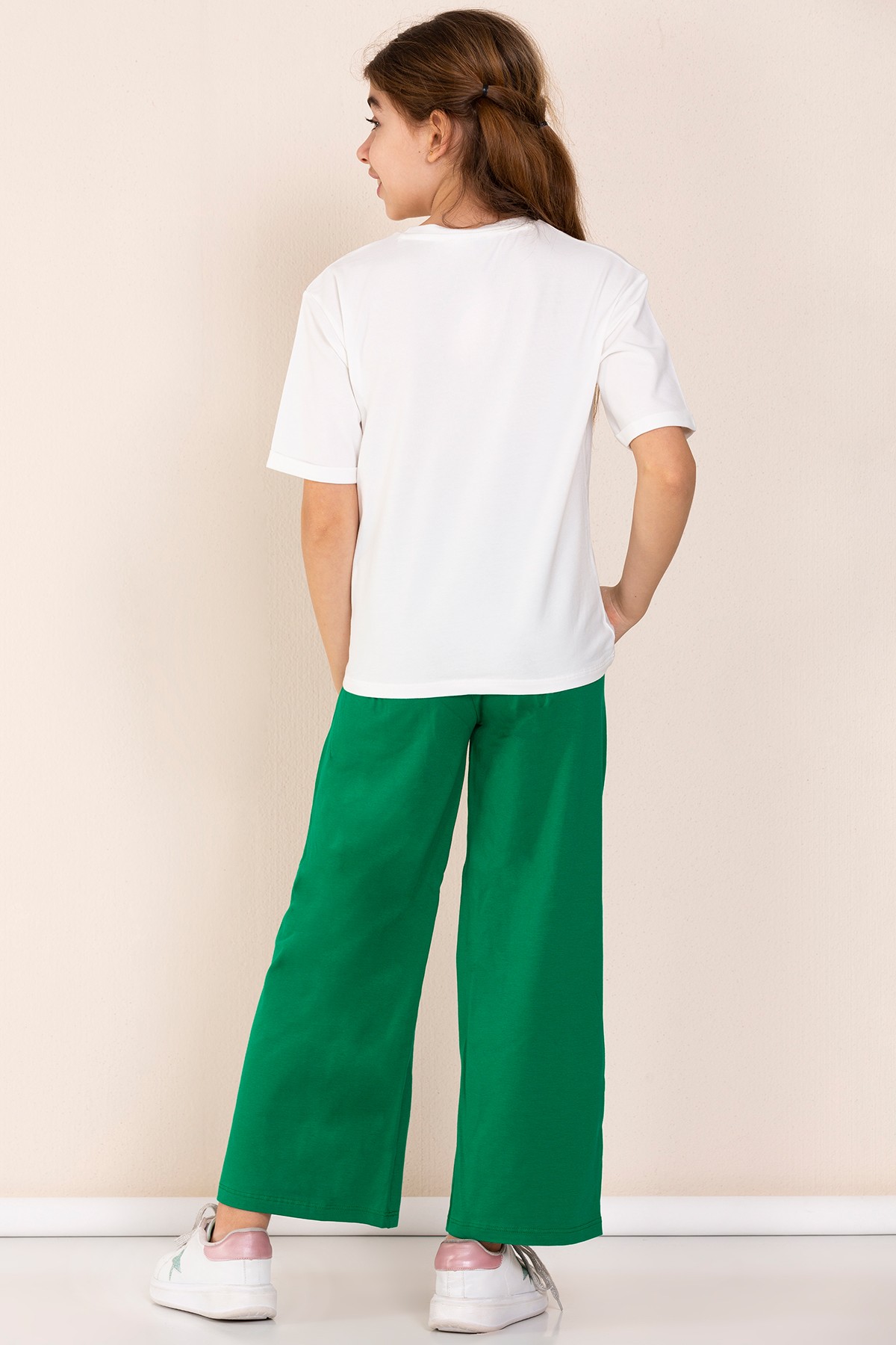 Baskı Detaylı Oversize Kız Çocuk T-shirt Eşofman Takım - YEŞİL