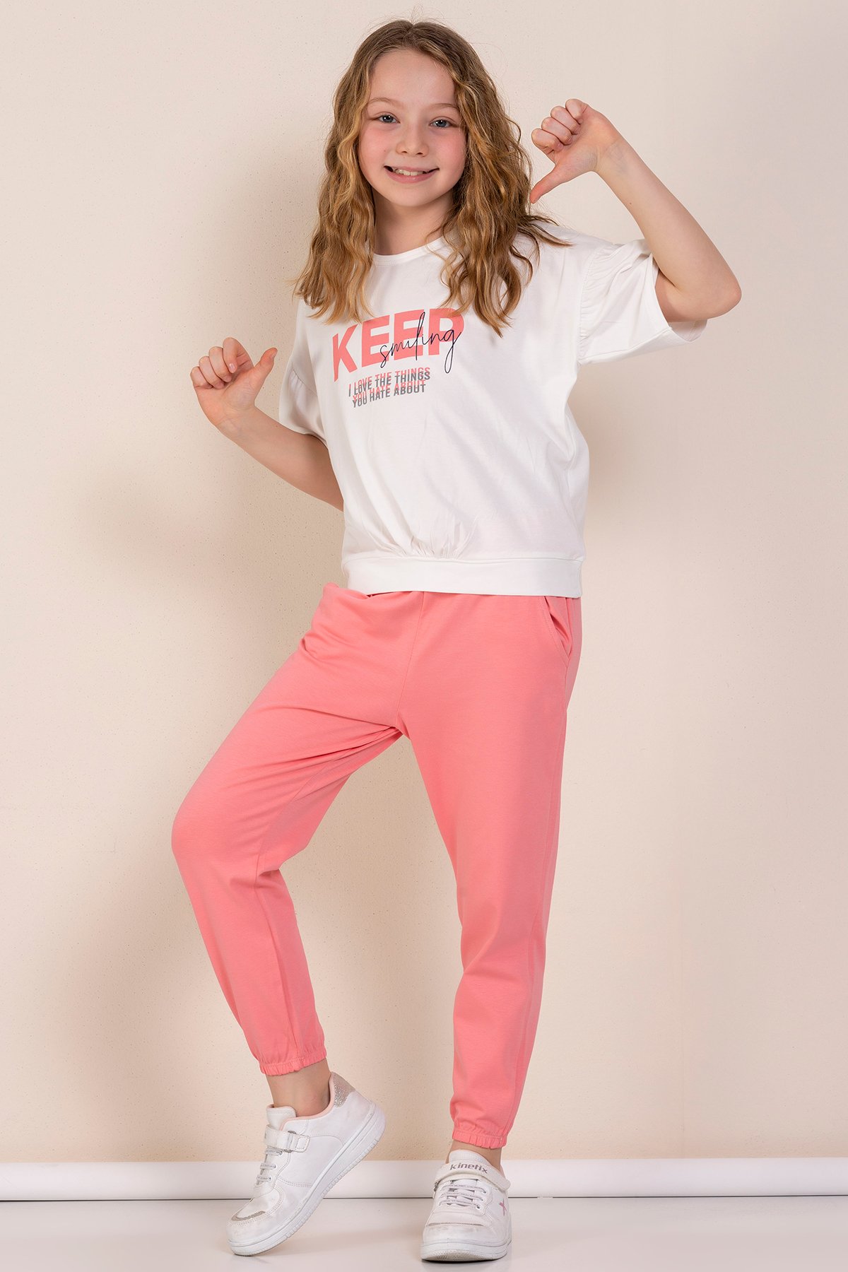 Baskılı Cepli T-shirt Eşofman Kız Çocuk İkili Takım  - PEMBE