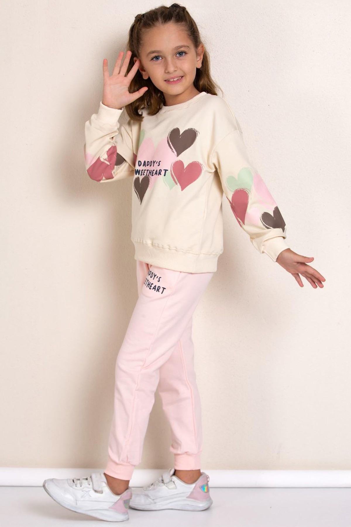 Kız Çocuk Kalp Desenli Uzun Kollu Sweatshirt Eşofman Altı Takım - TOZ PEMBE