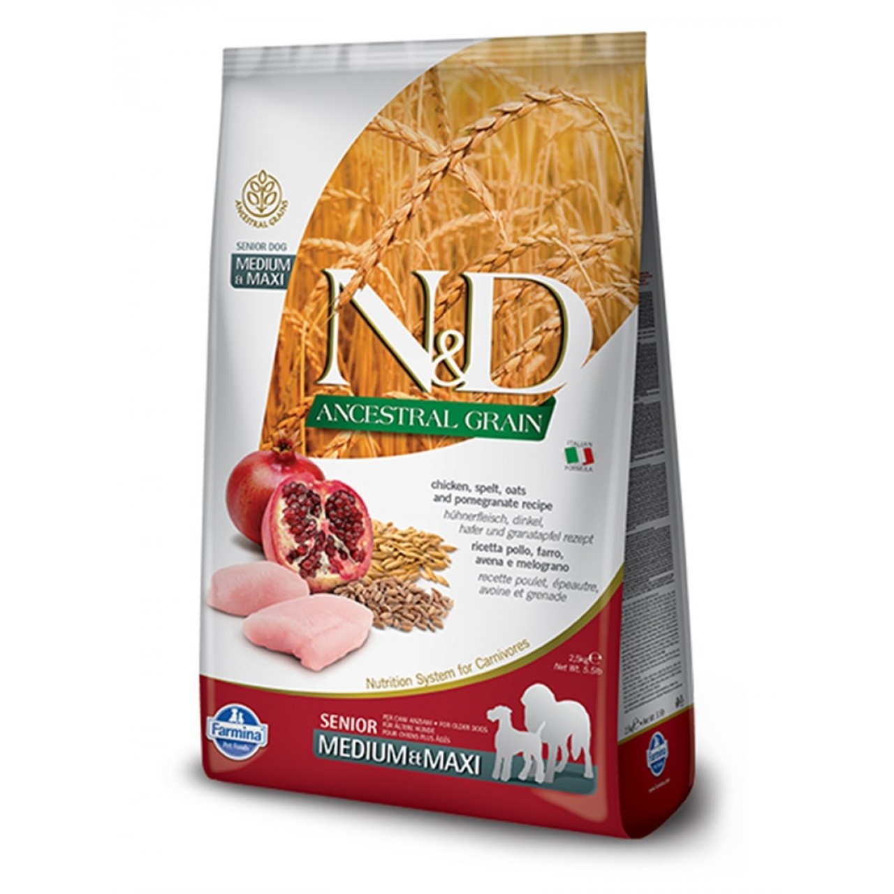 N&D ANCESTRAL GRAIN TAVUK, KILÇIKSIZ BUĞDAY, YULAF & NAR SENIOR MEDIUM & MAXI 2,5 KG