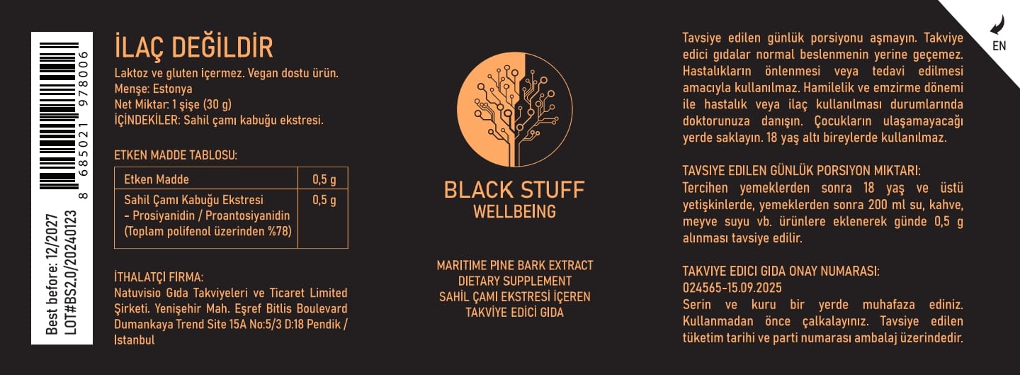 BLACK STUFF WELLBEİNG | Sahil Çamı Kabuğu Ekstresi İçeren Gıda Takviyesi (30g)